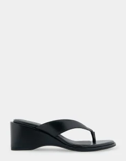 Comfortable Women's Wedge Thong Sandal in Black Allover Faux Leather