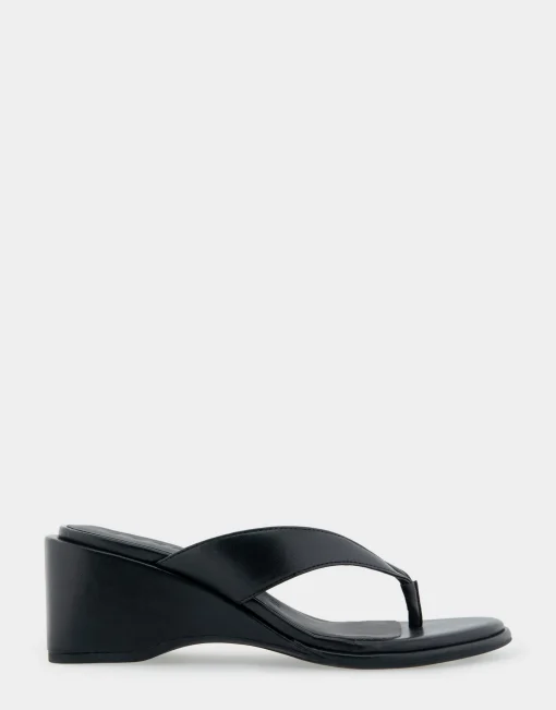 Comfortable Women's Wedge Thong Sandal in Black Allover Faux Leather