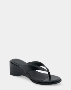 Comfortable Women's Wedge Thong Sandal in Black Allover Faux Leather