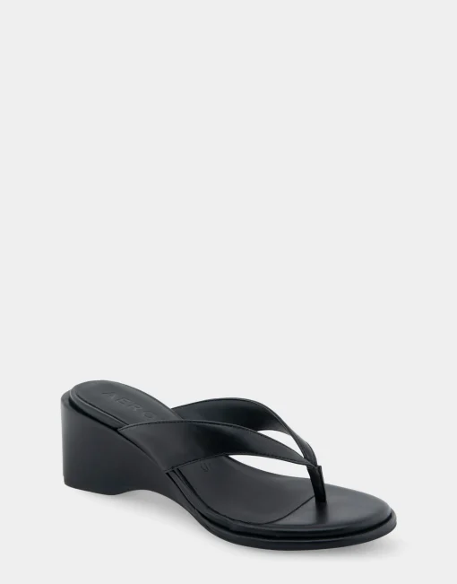 Comfortable Women's Wedge Thong Sandal in Black Allover Faux Leather