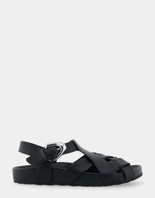 Comfortable Women's Woven Fisherman Footbed Sandal in Black Leather